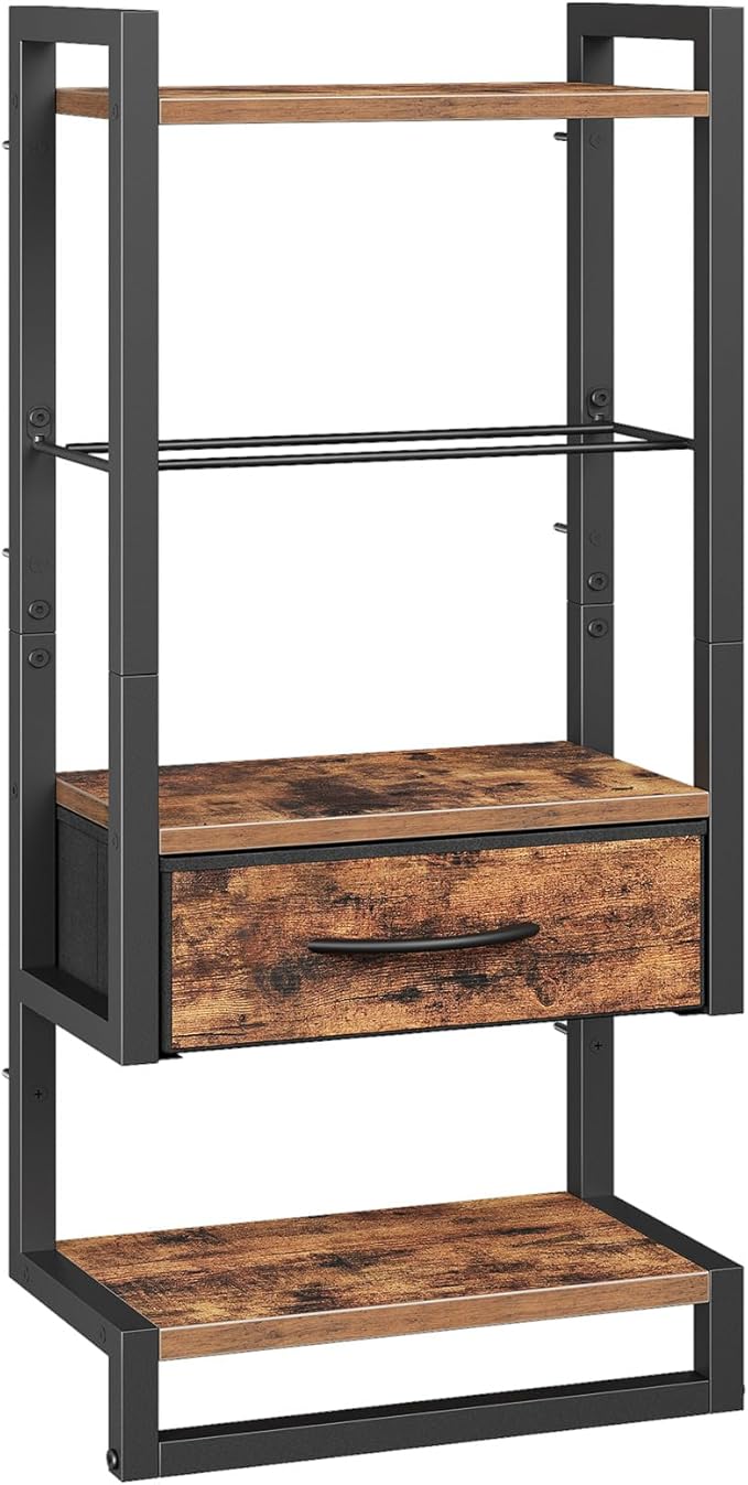 HOOBRO Wall Mounted Towel Rack with Shelf and Drawer, Bathroom Wall Storage Shelf with Towel Bar, Space Saving Over Toilet Organizer for Bathroom, Rustic Brown BF11LB01