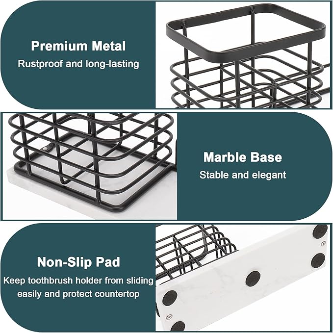 Toothbrush Holder, Luxurious Metal Toothbrush Toothpaste Holder with Marble Base for Bathroom, Multi-Slots Openwork Design, Bathroom Accessory for Storage and Organizer (Large, Matte Black)