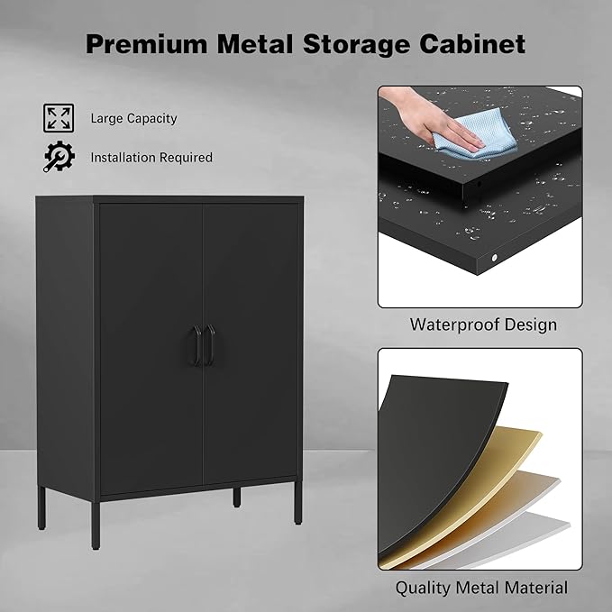 Bevivog Metal Locker Storage Cabinet, Home Office Metal Storage Cabinet Small Sideboard with 2 Doors and 2 Adjustable Shelves,40" Counter Cabinets for Office Garage Bathroom Living Room Hallway