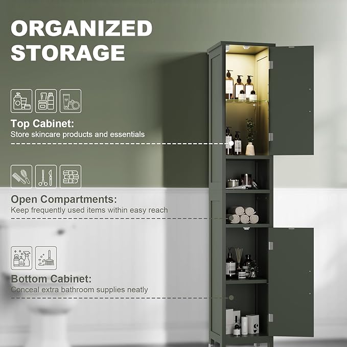 Hawkrown 67" Tall Bathroom Storage Cabinet with Lights, Slim Narrow Bathroom Cabinet Organizer with Doors and Adjustable Shelves, Tall Cabinet for Small Space (66.9" Tall-Green with Light)