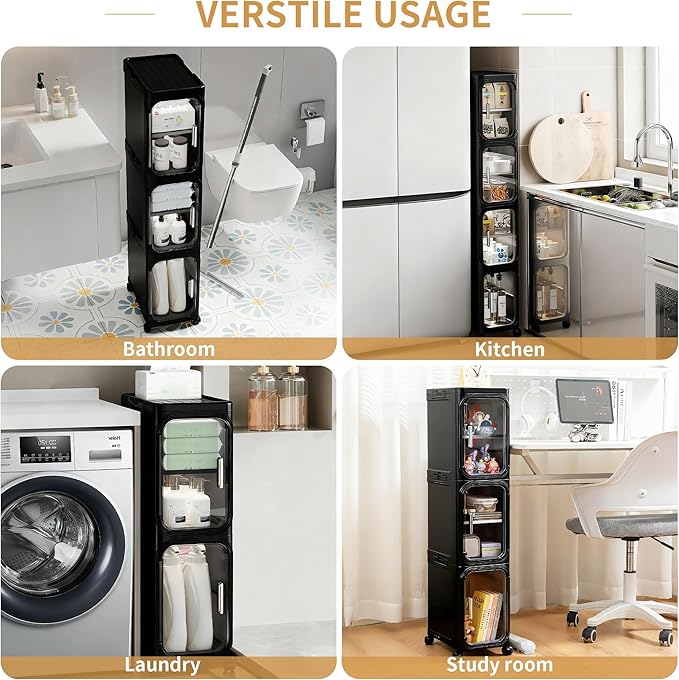 4-Tier Tall Narrow Storage Cabinet, Slim Bathroom Storage Cabinet with Adjustable Shelves and Wheels, Narrow Organizer for Small Space, Bathroom, Kitchen, Laundry, Black