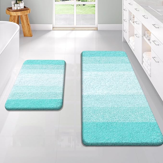 OLANLY Bathroom Rug Set 2 Piece, Soft Absorbent Microfiber Bath Rug Set, Non-Slip, Machine Wash Dry, Plush Shaggy Bath Mats for Bathroom (47"x20"+24"x16", Teal)