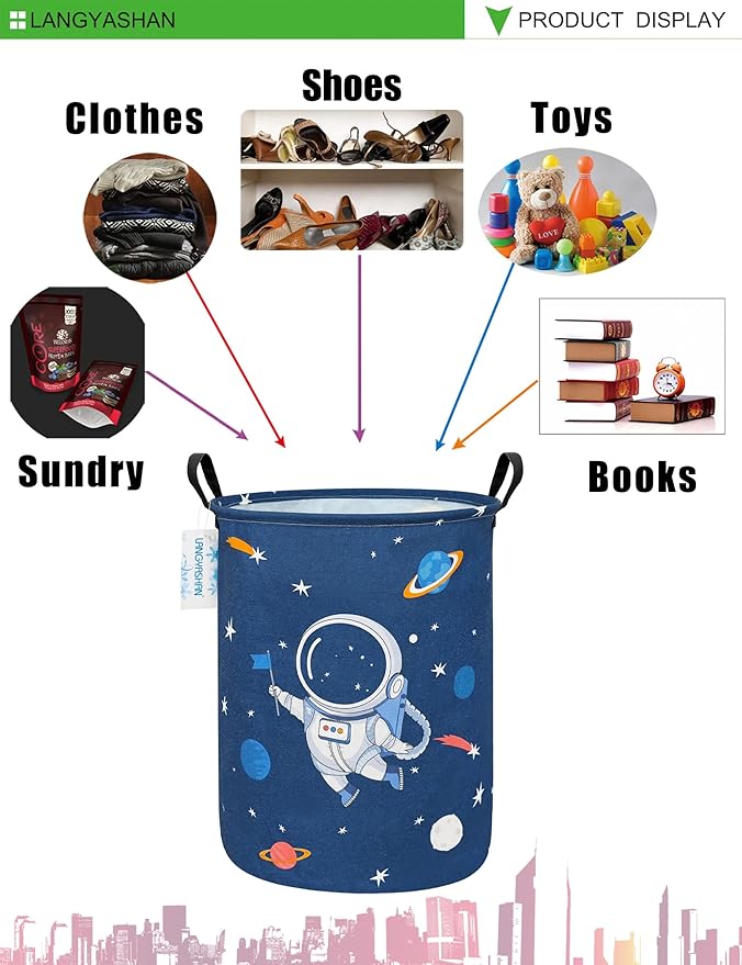 Laundry Basket Canvas Fabric Collapsible Organizer Basket for Storage Bin Toy Bins Gift Baskets Bedroom Clothes Children Nursery Hamper (Blue Space Astronaut)