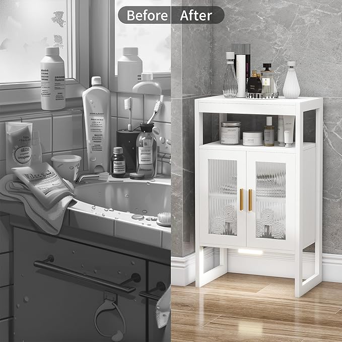 Bathroom Floor Storage Cabinet Freestanding Organizer with Sensor Light & Acrylic Doors for Bathroom, Home Office, Bedside, Sofa Side Table