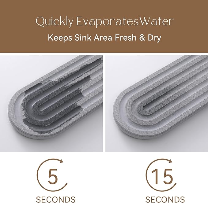 JUKER Premium Diatomaceous Earth Tray Coasters 12" x 4", Quick Dry Absorbent Stone Mat with Non-Slip Silicone Base, Bathroom Sink Caddy, Kitchen Soap Holder, Vanity Organizer, Gray