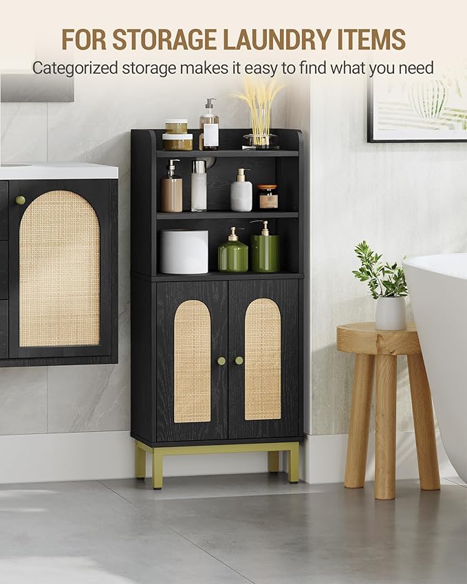 Hzuaneri Bathroom Storage Cabinet, Small Floor Cabinet with 2 Door and Shelves, Toilet Paper Cabinets, Bathroom Organizer with Adjustable Shelf, for Small Spaces Rattan Black 7.1" Dx14.6 Wx32.7 H