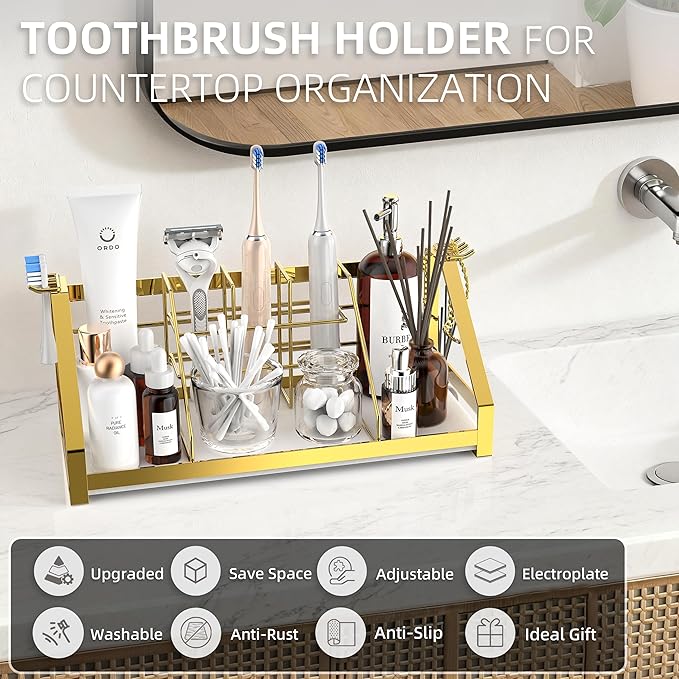 Toothbrush Holders Bathroom Counter Organizer and Storage with Removable Electric Toothbrush Head Holder and Divider, Bathroom Organizer with Diatomite Drying Stone Mat for Vanity, Kitchen, Dresser