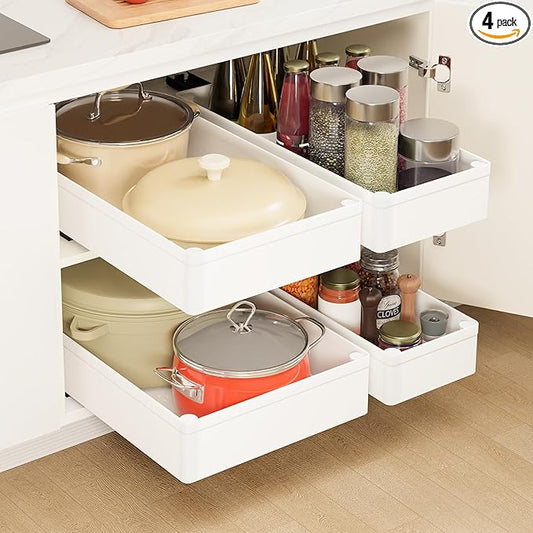 4 Pack Pull Out Cabinet Organizer, 15.8'' Deep Pull Out Drawers for Cabinets with Metal Slides, Slide Out Drawers for Kitchen Fixed with Nano Adhesive, Roll out Shelves for Bathroom, Pantry (White)