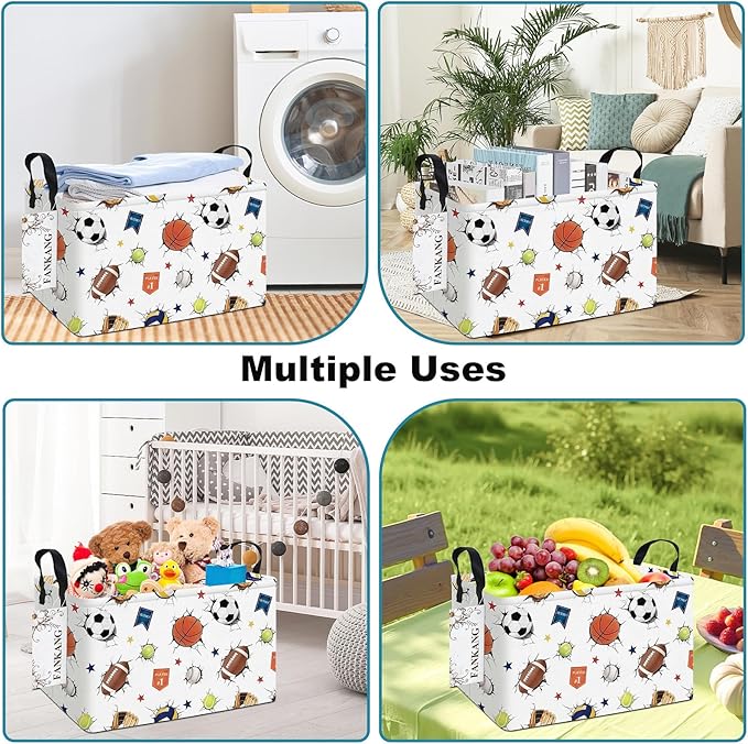 Storage Bins,Nursery Hamper Canvas Laundry Basket Foldable with Waterproof PE Coating Storage Baskets for Boys and Girls, Office, Bedroom, Clothes,Toys(Rec-3D Sports Balls ）