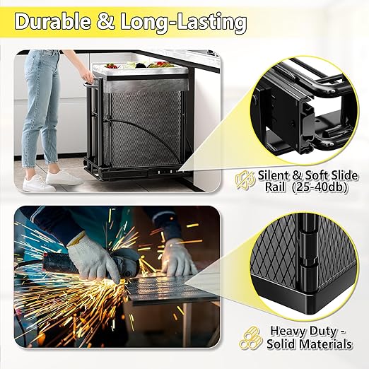 Under Sink Trash Can Pull Out with 7.4 Gal Black Can 13" Wx17 Hx17 D Sliding Garbage Can Under Cabinet