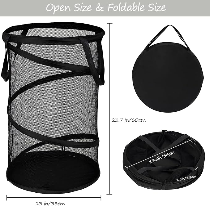 BATTOO 2 Pack Large Collapsible Laundry Basket Foldable Mesh Pop Up Hamper with Handles for Laundry Room, Bathroom, Kids Room, College Dorm, Travel, Storage Organizer Black+White