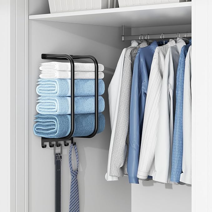 Towel Rack Bathroom Wall Holder: 15.9 Inch Wall Mounted Shower Organizer, for Rolled Towel Storage, 2 Metal Racks Plus Extra 5 Hooks, for Modern Small Space Bathroom, RV Campers (Matte Black)