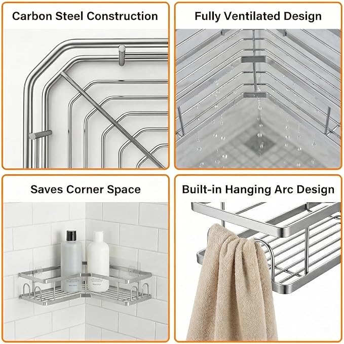 2 Pack Corner Shower Caddy, Adhesive Shower Organizer No Drilling Bathroom Shelves, Carbon Steel Storage Rack with 8 Hooks, Silver