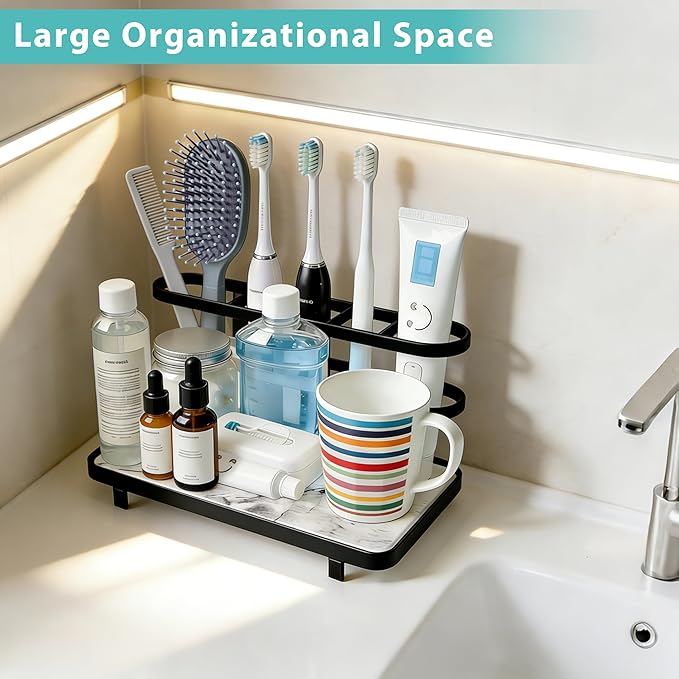 Electric Toothbrush Holders for Bathrooms, Bathroom Counter Organizer with Quick Dry Diatomaceous Earth Mat, 5 Slots Toothbrush and Toothpaste Holder Black, for Bathroom Sink Organizer Countertop
