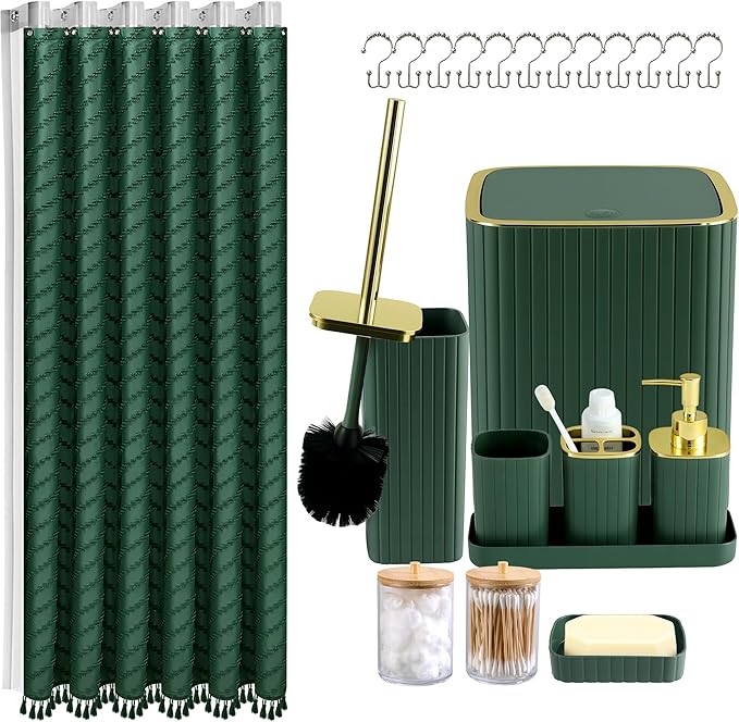 Bathroom Accessories Set-23Pcs Set, Complete Bathroom Decor & Home Decor, Bathroom Set with Toilet Brush, Trash Can, Soap Dispenser,Modern Bath Essentials (Green, Bath Set+Shower Curtain&Liner Set)