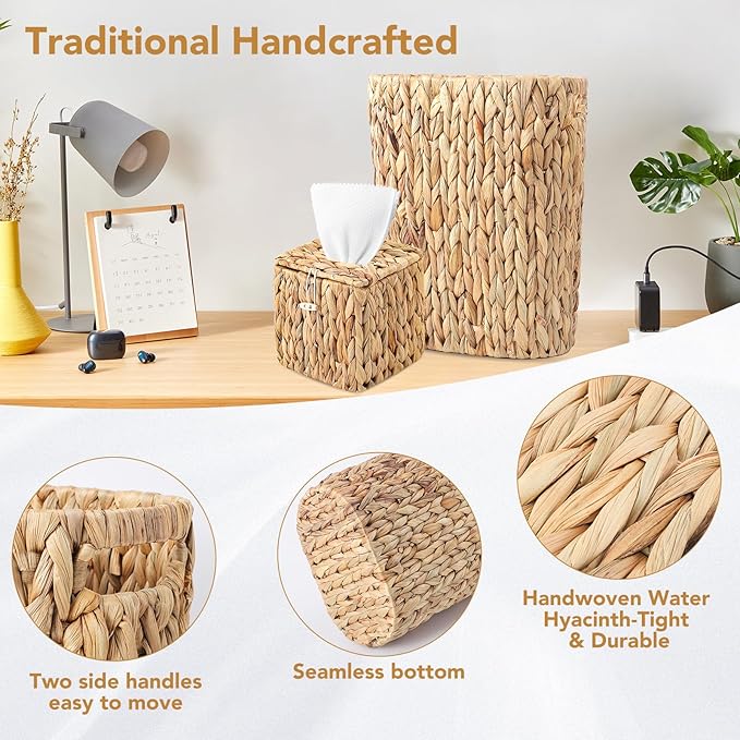 Bathroom Accessory Set, 10 Pieces Bath Set- Wicker Trash Can Tissue Box Soap Dish Toothbrush Holder Rinse Cup Lotion Bottle Toilet Brush Qtip Holder - Practical Bathroom Decor Sets (Beige, Bath Set)