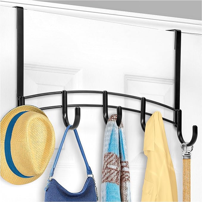 LYNK Professional® Home™ Over the Door Hooks - 5 Hook – Over the Door Coat Rack - Over the Door Hanger - Hanging Towels or Clothes - Bathroom, Bedroom, Laundry Room - Lifetime Ltd. Warranty, Black
