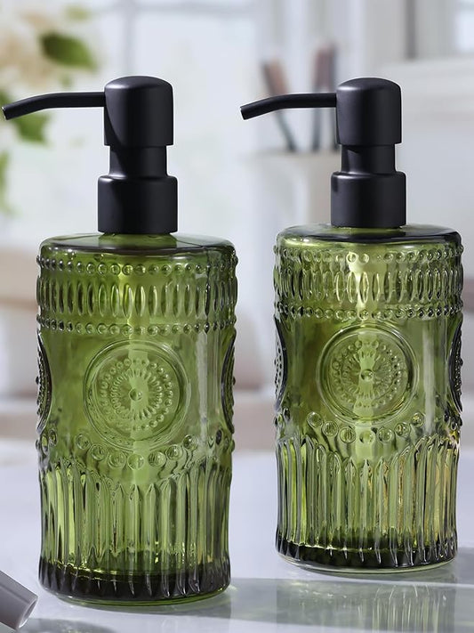 17 OZ Sunflower Embossed Glass Soap Dispenser - 2 Pack, with 304 Rust Proof Stainless Steel Pump, Glass Soap and Lotion Dispenser Set, Liquid Hand Soap Dispenser for Home, Kitchen & Bathroom (Green)