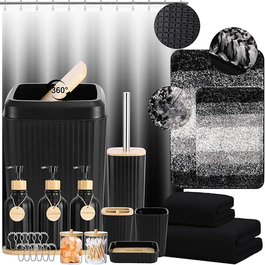 34PCS Bathroom Accessories Set with Shower Curtain,Rugs,Bath Towel,Trash Can,3PCS Lotion Soap Dispenser,Toothbrush Holder,Soap Dish,Tumbler Cup,6PCS Wood Tags Bath Accessories with Tray for Bathroom