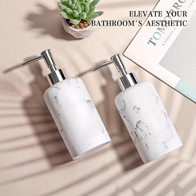 YMXYJM 2pcs/Set Hand Soap Dispenser Sets - 10.8oz Refillable Resin Liquid Soap Dispensers with Rust-Proof Pump for Bathroom Countertop or Kitchen, Marble White