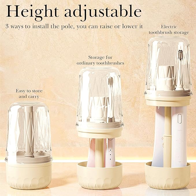 Toothbrush Holder with Tooth Brush Cups, Height Adjustable Electric Toothbrush Toothpaste Storage Stand, Countertop 3 Slots Organizer, Bathrooms Shower Accessories Storage Rack (White)
