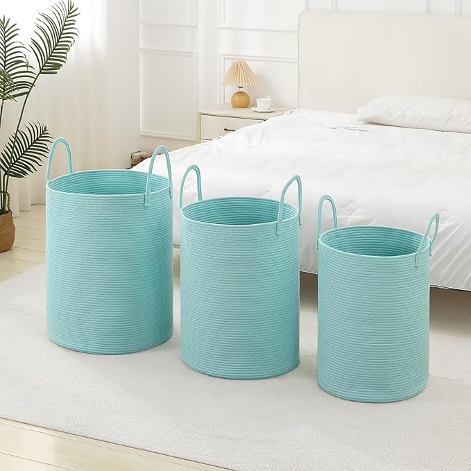 Laundry Basket Hamper Tall Rope Storage Woven for Blanket toys Dirty Clothes in Living Room Bathroom Bedroom (Cyan, 80L/21.3Gal)