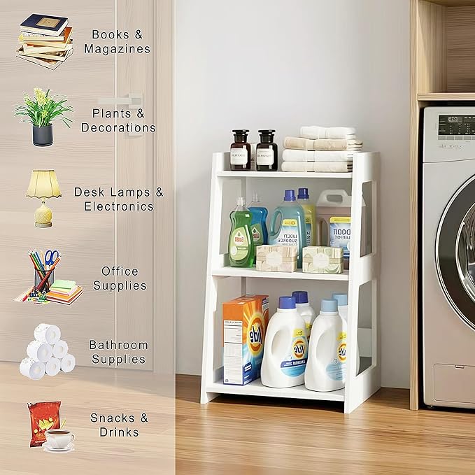 3-Tier Bathroom Ladder Shelf Freestanding, White Floor Shelves Open Shelving Unit, Small Bookshelf Nightstand for Home Study Laundry Room (11.8" D x 15.7" W x 27.6" H)