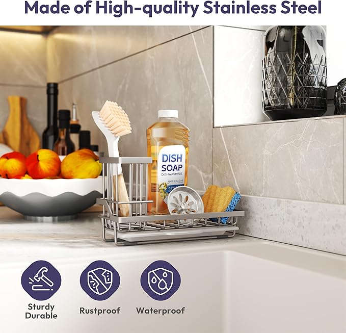 SWTYMIKI Sink Caddy Sponge Holder - Kitchen Sink Organizer with High Brush Holder for Countertop to Hold Dish Soaps and Sponges, Stainless Steel, Sand Nickel