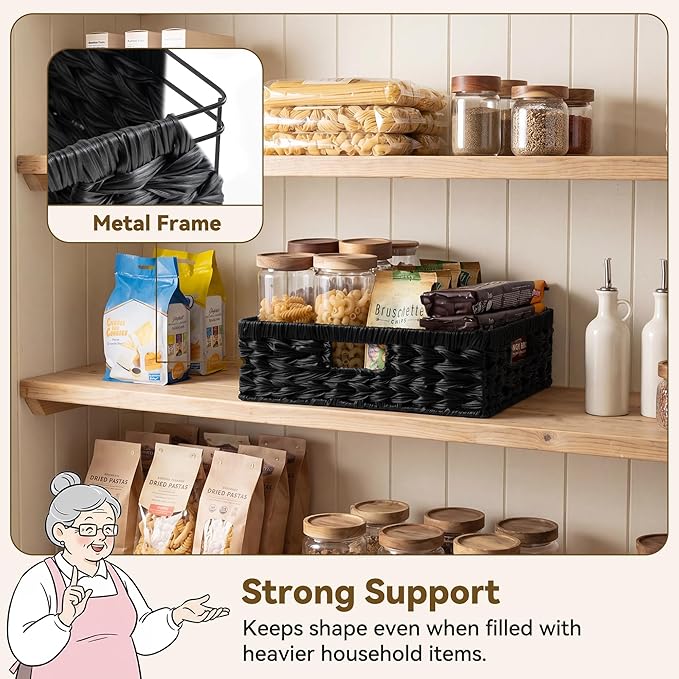 GRANNY SAYS Wicker Storage Baskets for Shelves, Wicker Basket for Organizing, Shallow Basket, Woven Baskets for Pantry Storage, Black, 1-Pack