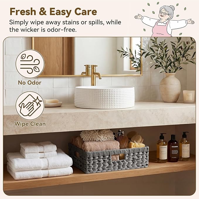 GRANNY SAYS Wicker Storage Baskets for Shelves, Wicker Basket for Organizing, Rectangle Basket, Woven Baskets for Pantry Storage, Gray, 1-Pack