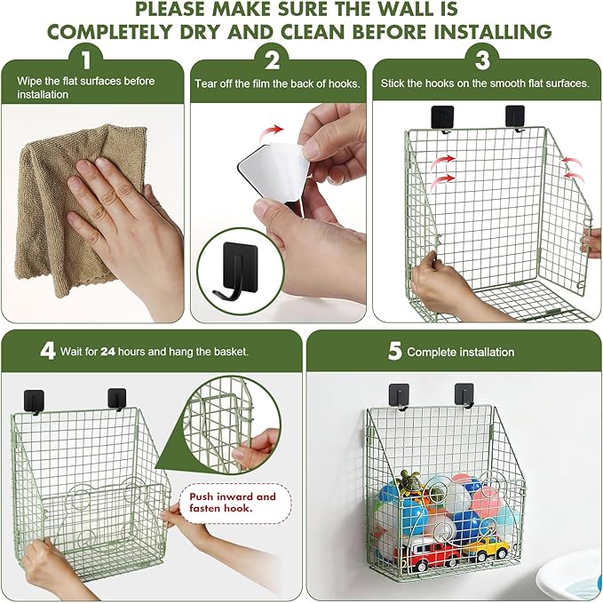 Greentainer Bath Toy Storage Organizer, Large Rustproof Metal Wire Basket, Foldable Wall Mounted Hanging Bathtub Toy Holder with Drainage, No Drilling Adhesive Shower Caddy for Bathroom Tub