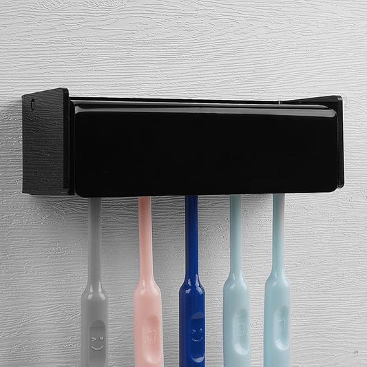 5 Slots Wall Mount Toothbrush Holder with Cover, Self Adhesive Toothbrush Storage Organizer for Shower, Toothbrush Hanger for Bathroom, Medicine Cabinet, Dorm (Black)