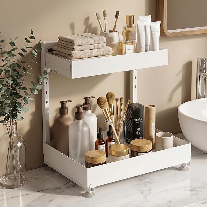 Under Sink Organizer, Kitchen & Bathroom Storage Solution with L-Shaped Design Fits Around Pipes, 2-Tier Slide-Out Metal Drawer, Adjustable Height for Cabinet Laundry Organization (Cream White)