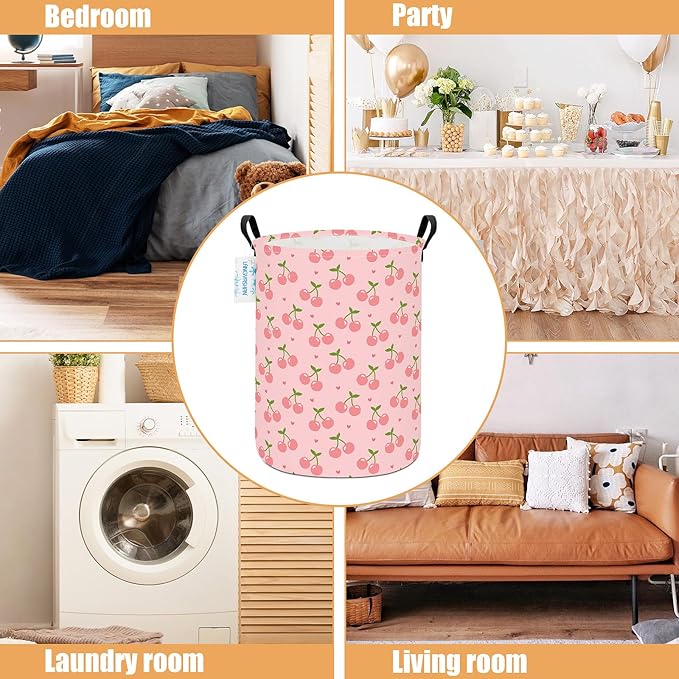 Laundry Basket Canvas Fabric Collapsible Organizer Basket for Storage Bin Toy Bins Gift Baskets Bedroom Clothes Children Nursery Hamper (Pink Cherry)