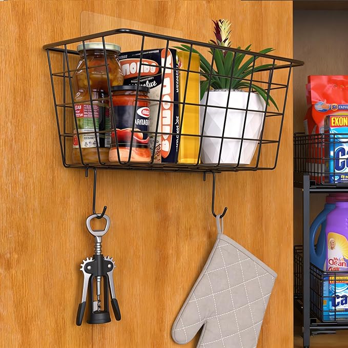 MaraFansie Over the Cabinet Door Organizer Wall Wire Baskets Hanging Kitchen Basket Shelf for Cabinet & Pantry Organization and Kitchen, Bathroom, Bedroom Storage, with Adhesive, Black, 3 Pack