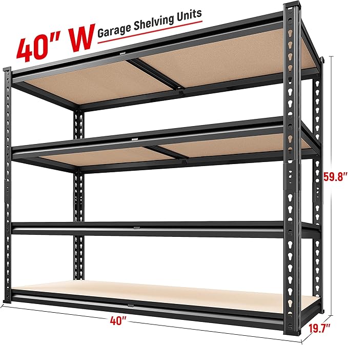 REIBII 40" W Garage Shelving,Heavy Duty Storage Shelves Adjustable Metal Shelves,4 Tier Garage Shelves 2000LBS,Metal Shelf for Basement Warehouse Closet Pantry Kitchen 40" W × 20''D × 60''H