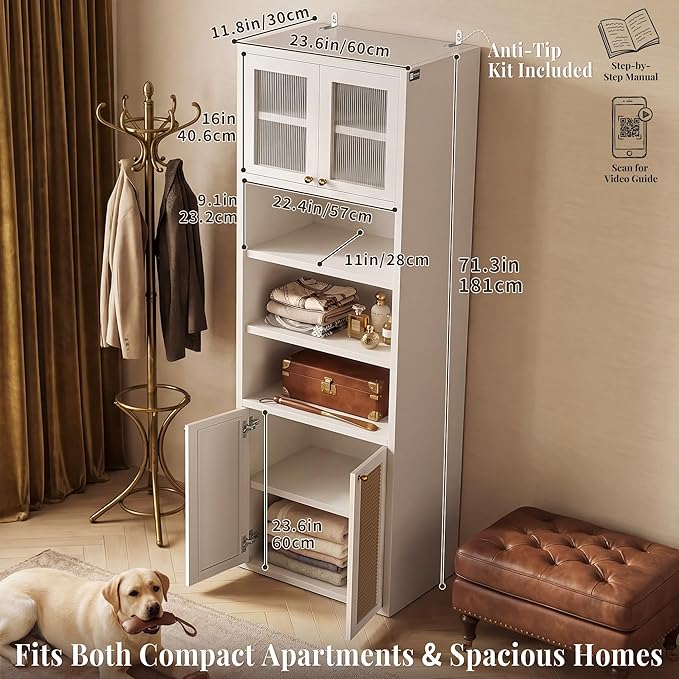 71.7" Tall Bathroom Storage Cabinet, Rattan Tall Freestanding Storage Cabinet with Doors, Adjustable Shelves and Anti-Tip Devices for Bathroom, Kitchen, Laundry Room, White
