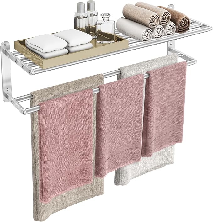 VOTZAAQ 32 in Towel Racks for Bathroom, Bath Towel Shelf with Double Towel Bar, Stainless Steel Towel Storage for Lavatory Wall Mounted, 2-Tier Towel Hanger Towel Holder, Brushed Nickel