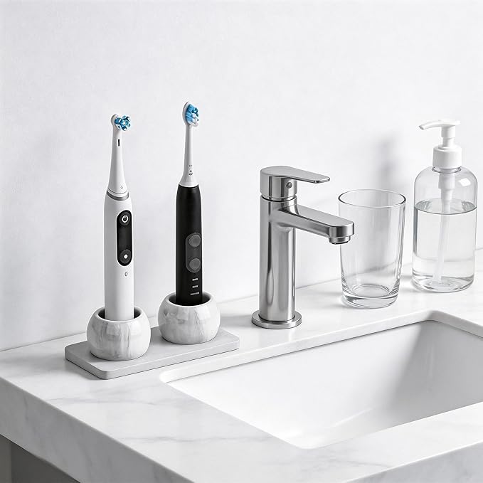 2 Pack Ceramic Toothbrush Holder with Diatomite Toothbrush Tray for Bathroom Shower Countertop Storage Organizer, Small Toothpaste Razor Electric Tooth Brush Head Stand (Grey)