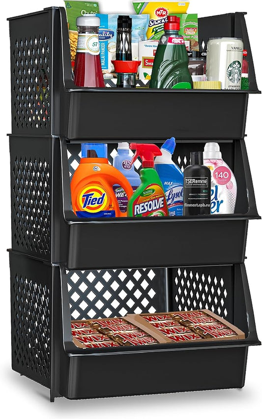TidyFriend 3 Pk XLarge Stackable Storage Bins Open Front for Pantry Organizers and Storage, Pantry Storage for Food, Kitchen and Home Organization, Plastic Storage Bins, Dorm Room Essentials (Black)
