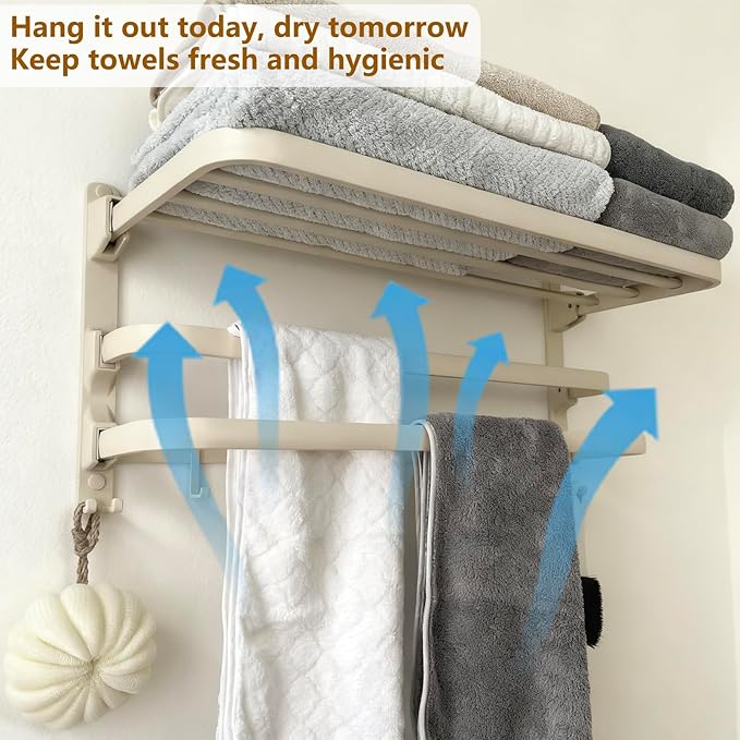 24in Towel Racks Shelf for Bathroom, Foldable Wall Mounted Towel Storage with 2 Towel Bar 9 Hook, Modern Rustproof Towel Holder with Shelves, Towel Hanger for Hotel Restroom RV Gym,Milky White
