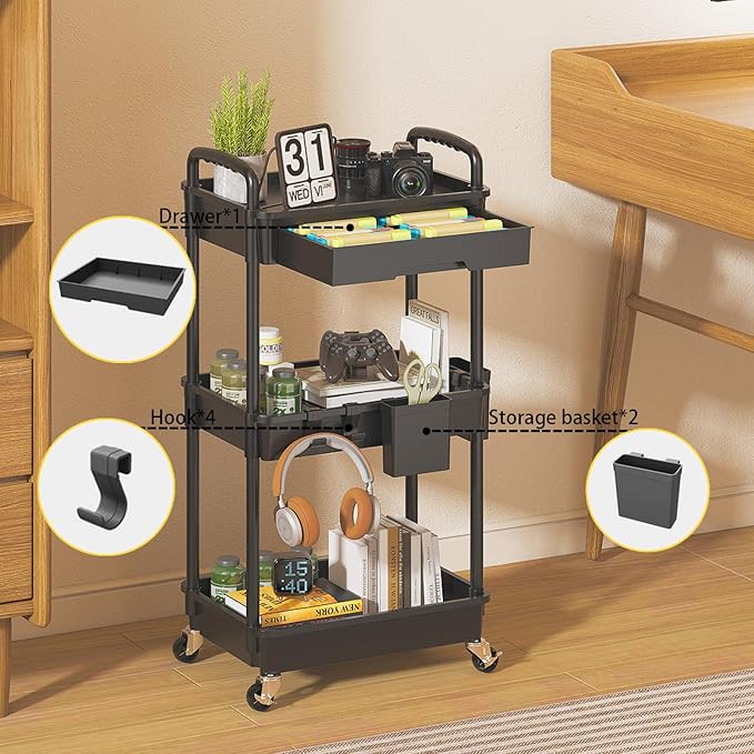 3 Tier Rolling Utility Cart with Drawer, Plastic Storage Organizer Rolling Carts with Wheels Handles Hanging Cups Hooks for Office, Bathroom, Kitchen,Craft Art Room (Black)
