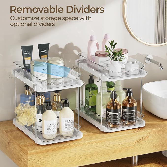 Delamu Under the Sink Organizer, 2-Tier Pull-Out Cabinet Drawers with Adjustable Shelf & Hooks, Under Sink Cabinet Organizer for Bathroom, Kitchen, Vanity & Every Household (White, 4 Pack)