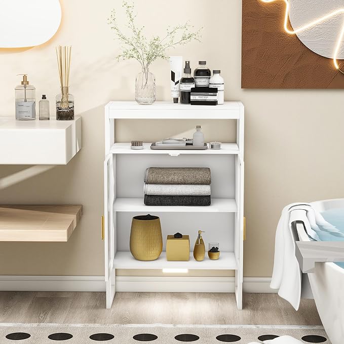 Bathroom Floor Storage Cabinet Freestanding Organizer with Sensor Light & Acrylic Doors for Bathroom, Home Office, Bedside, Sofa Side Table