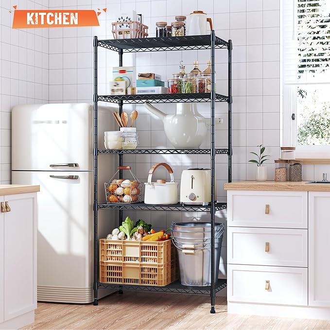 Romorgniz 5-Tier Shelf 1010LBS Storage Shelves Adjustable Wire Shelving,Tool-Free Assembly,Metal Shelving Unit for Kitchen Pantry Closet Laundry Bathroom 59" Hx21.7 Wx13.8 D,Black,2P