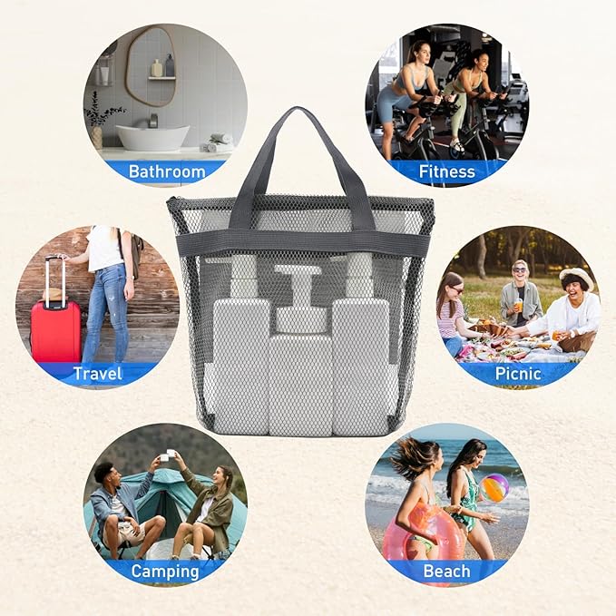 Mesh Shower Caddy, Portable Shower Bag, Quick-Dry Hanging Caddy Bath Organizer with Zipper, Toiletry Bag Essentials for Camping Travel College Dorm Room Gym (Grey)
