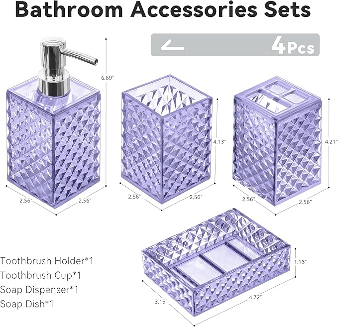 Bathroom Accessory Set, 4 PCS Light Purple Bathroom Accessories Set, Soap Dispenser and Toothbrush Holder Set, Soap Dish and Mouthwash Cup, Boho Bathroom Decor, Plastic Bathroom Sets