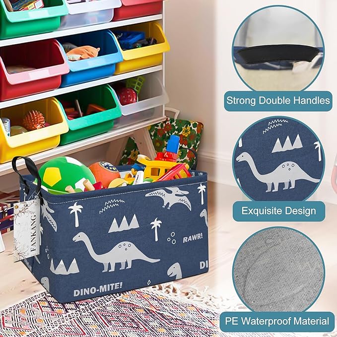 Storage Bins, Nursery Hamper Canvas Laundry Basket Foldable with Waterproof PE Coating Large Storage Baskets for Kids Boys and Girls, Office, Bedroom, Clothes,Toys(Rec-Blue dinosaur）