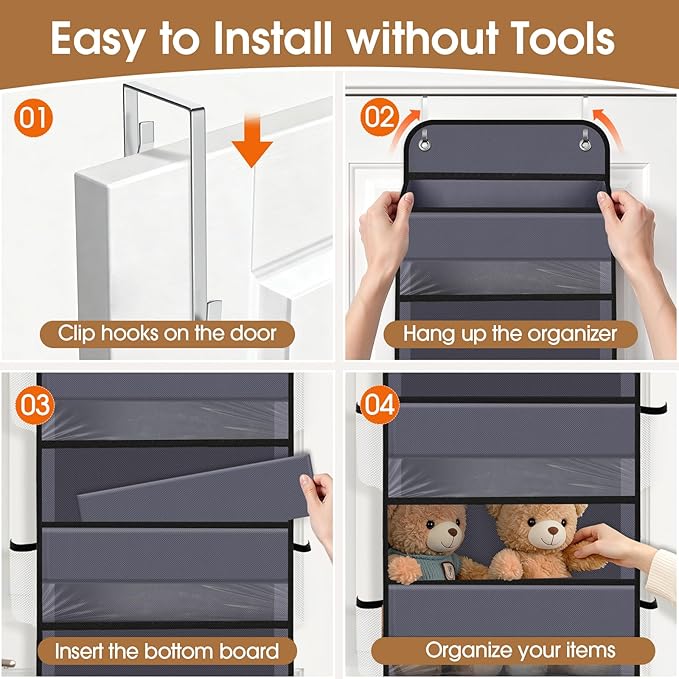 WISELIFE Over The Door Organizer Storage with 4 Large Pockets Door Hanging Organizer with Clear Windows behind The Door Storage for Nursery Bedroom Bathroom Pantry Closet and Baby Essentials Dark Grey