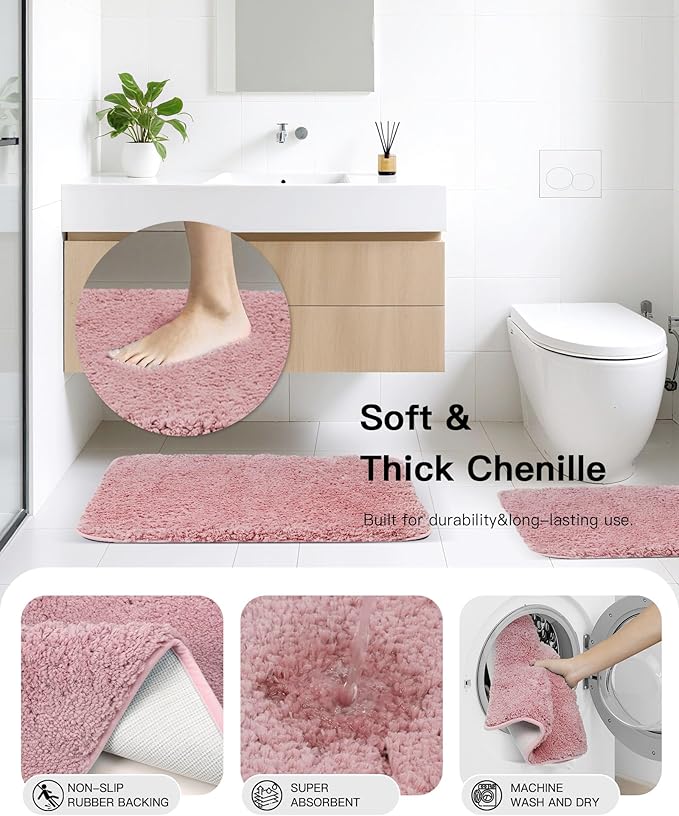 IMAVO Pink Bathroom Accessories,Non Slip Absorbent Bathroom Rugs and Waterproof Shower Curtain with Hooks,Complete Bathroom Set for Bathroom Décor